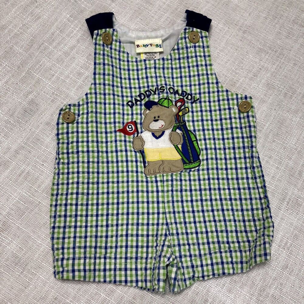 VTG Y2K baby boys 3-6m seersucker romper overalls golf bear plaid embroidered